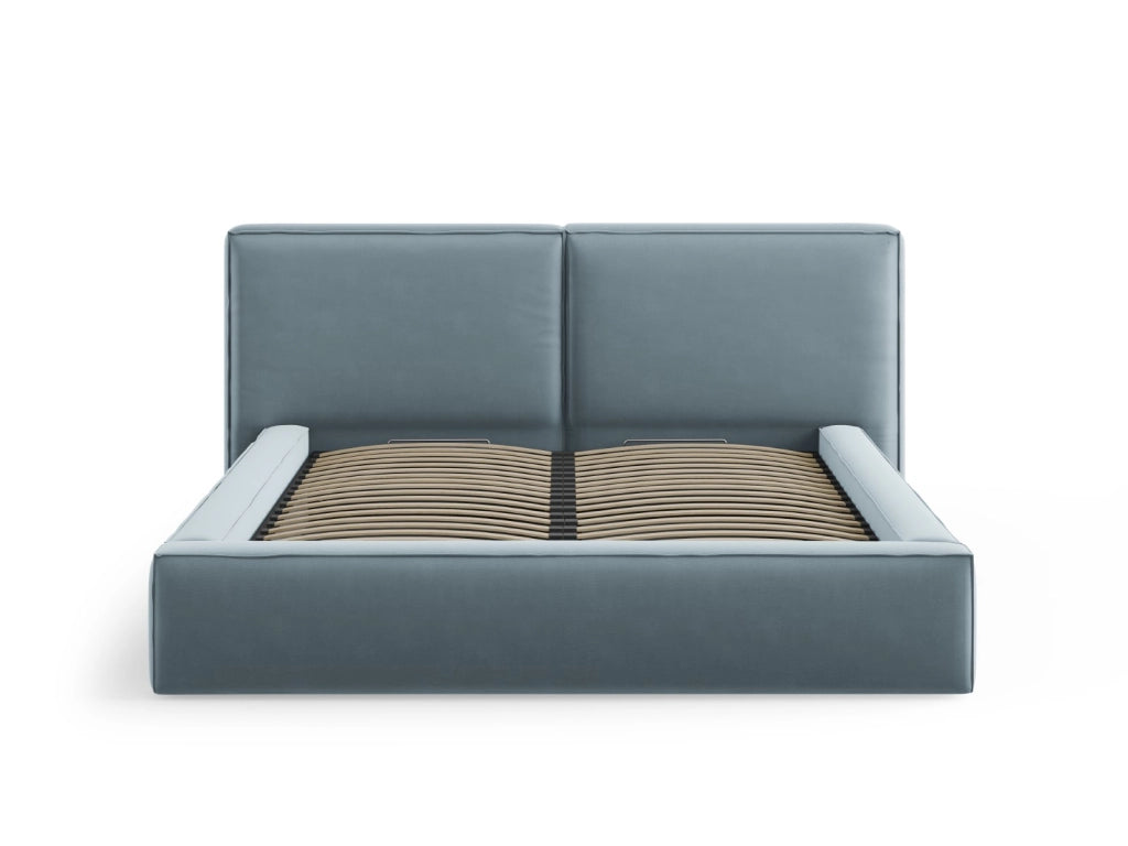 Cosmopolitan Design - Letto a cassettone con testiera doppia "Arendal" 140x200cm in velluto azzurro 