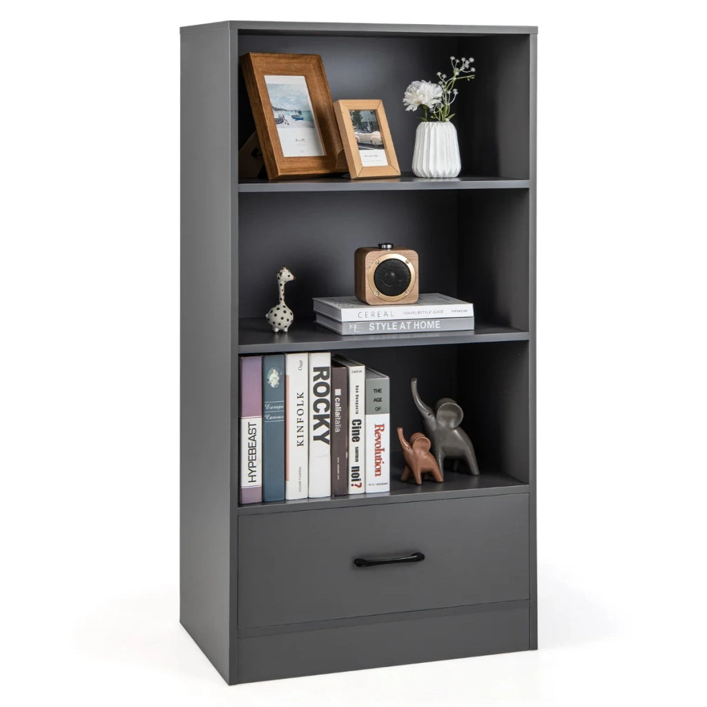 Libreria a 4 ripiani 60 x 38 x 120 cm con cassetto e dispositivo antiribaltamento stile classico MDF grigio 20_0010720