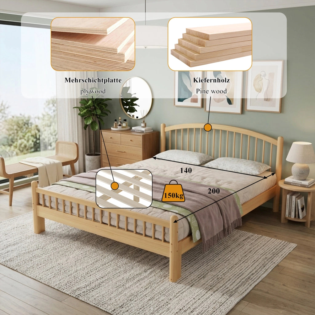 Letto singolo 140 × 200 cm con struttura in legno massiccio, testiera a griglia, senza materasso, beige naturale