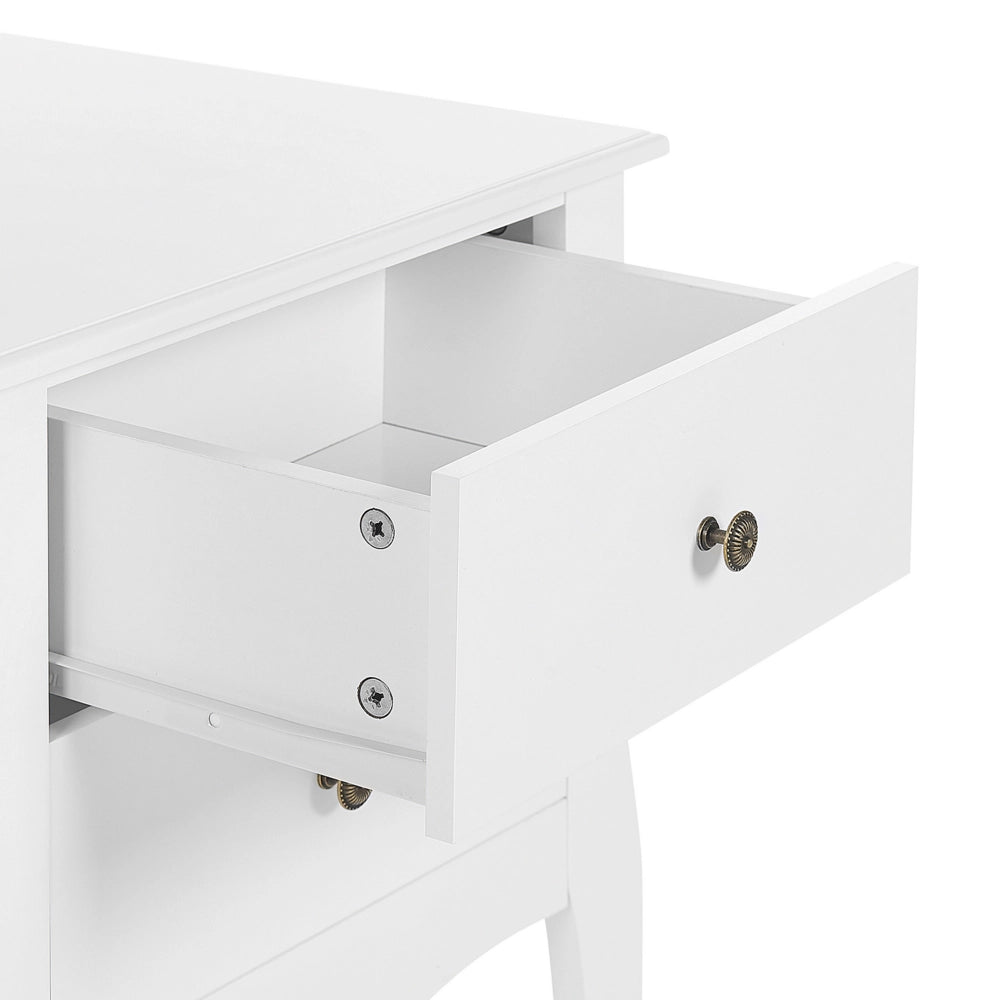 Comodino MDF bianco 2 cassetti portaoggetti Gambe curve cabriole Manopole in metallo Maniglie design scandinavo