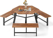 Set Tavolo con 3 Panche in Legno di Acaccia, con Foro per Ombrellone, Tavolo da Campeggio con Telaio in Metallo, Set Mobile da Picnic per Cortile Patio