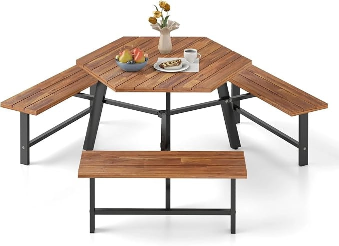 Set Tavolo con 3 Panche in Legno di Acaccia, con Foro per Ombrellone, Tavolo da Campeggio con Telaio in Metallo, Set Mobile da Picnic per Cortile Patio