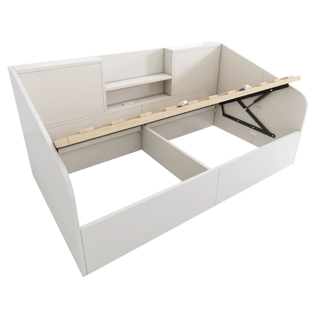 Letto singolo a divano con contenitore idraulico 90x190 cm; 2 ripiani e USB/Type-C; legno bianco