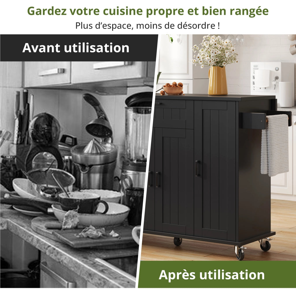 Carrello Da Cucina con 4 Ante 1 Cassetto e Piano Ribaltabile; Portasciugamani Laterali; in MDF; 120x45(70)x95 cm; Nero