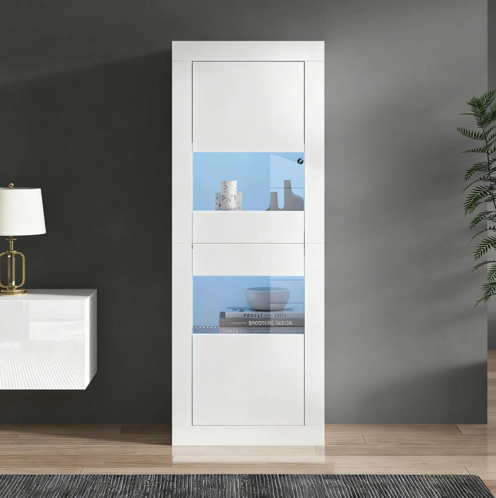 Vetrina bianca con LED e ante in acrilico; 61 x 42 x 162 cm; in truciolare e vetro temperato