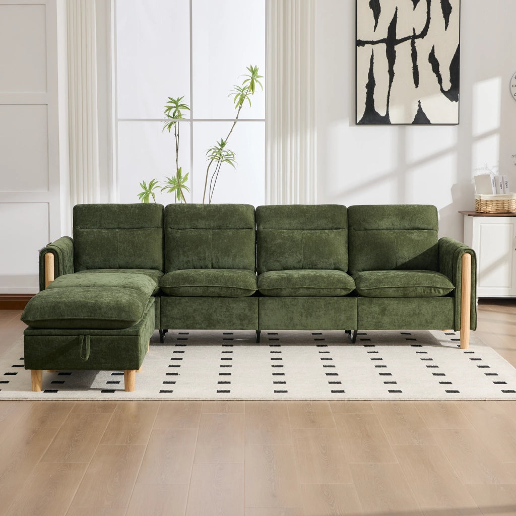 Divano panoramico a U modulare con contenitori e tasche laterali in chenille verde per famiglia 261 × 77 × 86 cm