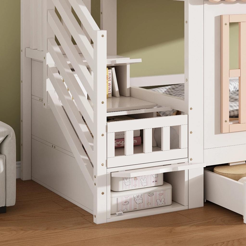 Letto a castello per bambini a casetta 90x200 cm con scala contenitore e 2 cassetti HAVRYA