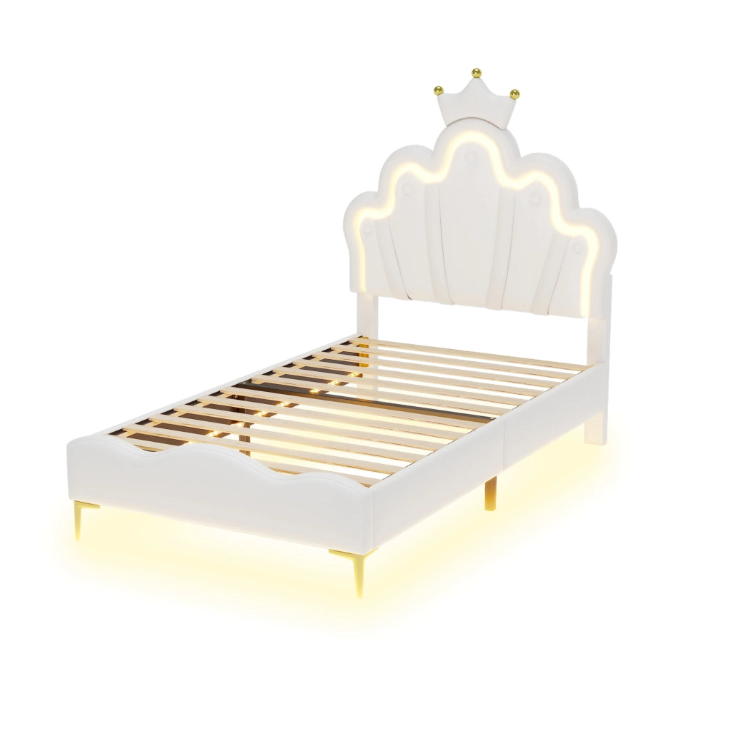 Letto imbottito con corona e luci LED, bianco, 90 x 200 cm
