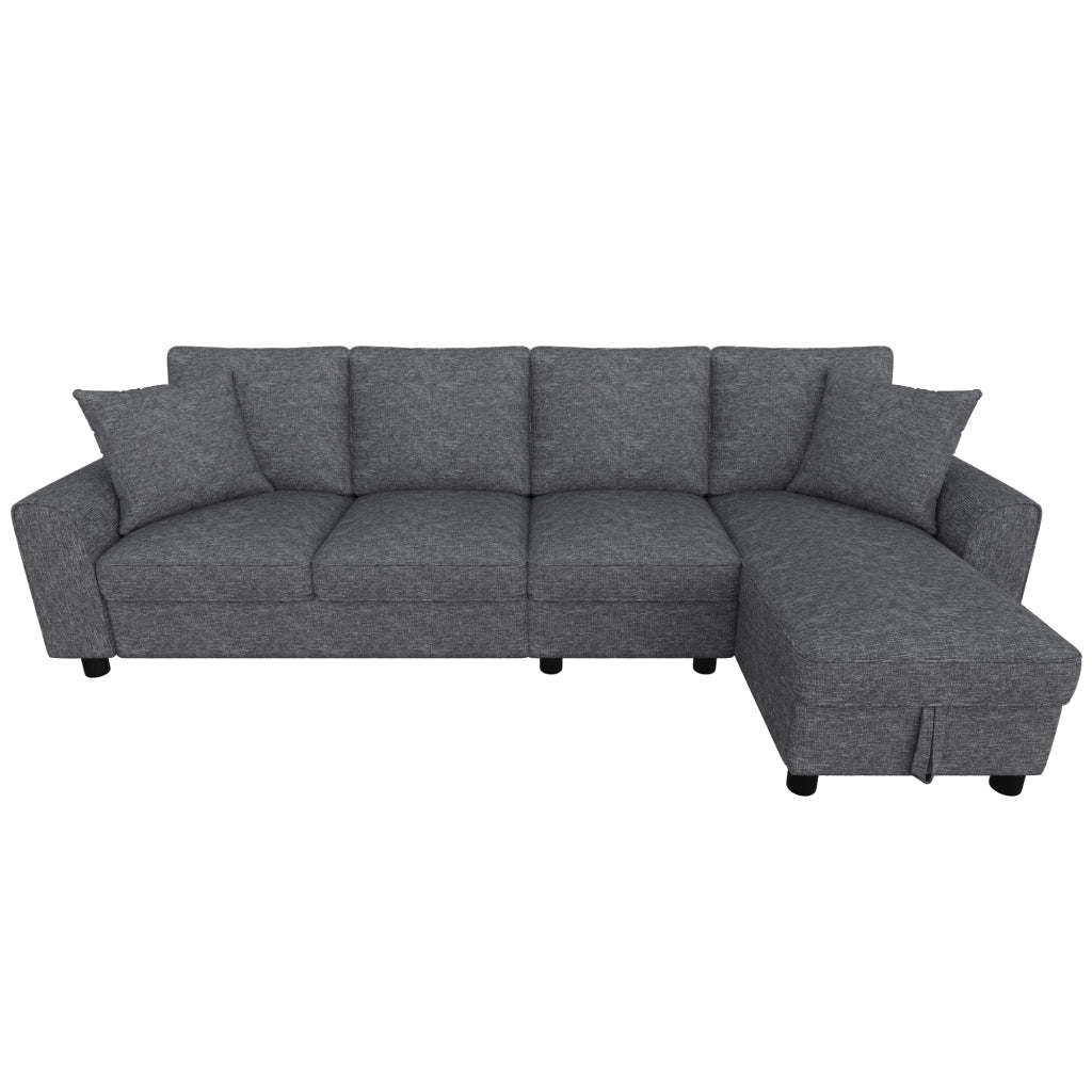 Divano a tre posti, divano ad angolo, tessuto chenille, vano portaoggetti, portabicchieri, design modulare, grigio