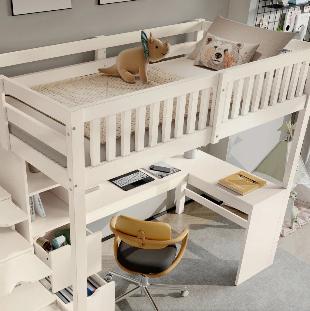 Letto a soppalco 90x200 cm bianco con scala contenitore e scrivania angolare
