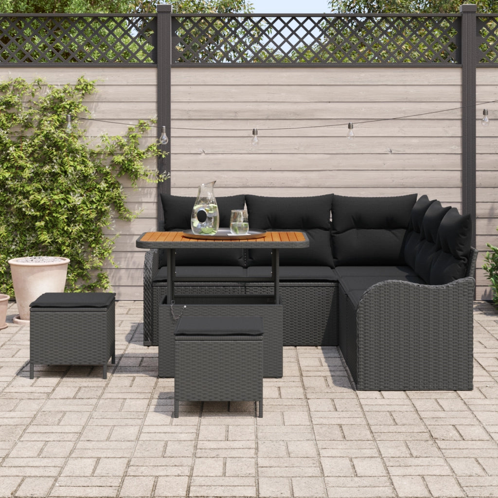 Set divano da giardino 8 pezzi con cuscini neri in polyrattan