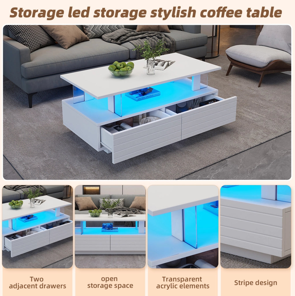 Tavolino da caffè LED bianco moderno con contenitore; 100 x 50 x 42 cm; in truciolare e acrilico