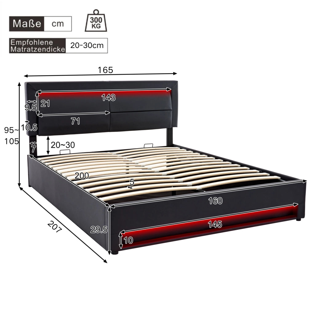 Letti contenitori 160x200 cm; USB; LED e contenitore; PU; nero (Senza materasso)