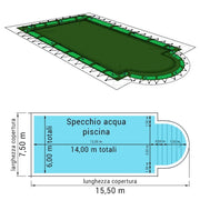 Copertura 15,50 X 7,50 M Invernale Standard Combi 240 Gr/m² Con Occhielli E Salsicciotti Per Piscine Rettangolari Con Scala Romana 14,00 X 6,00 M