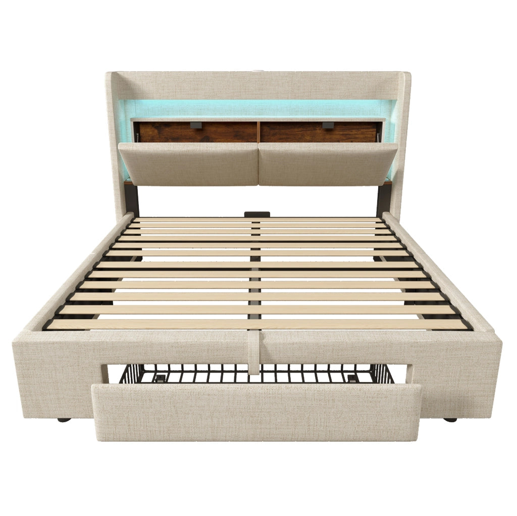 Letto contenitore imbottito 140x200 cm con materasso; LED; USB/USB-C e testiera in lino; beige