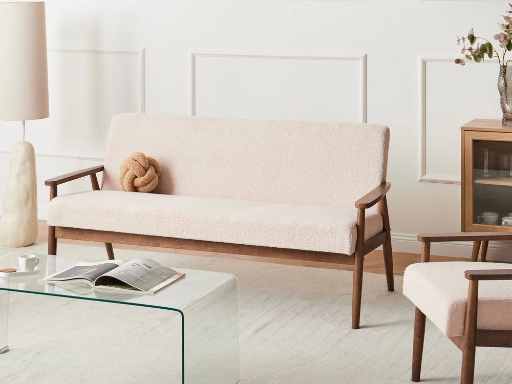 Divano da salotto a 3 posti in bouclé e struttura in legno beige e marrone scuro struttura in legno stile retrò