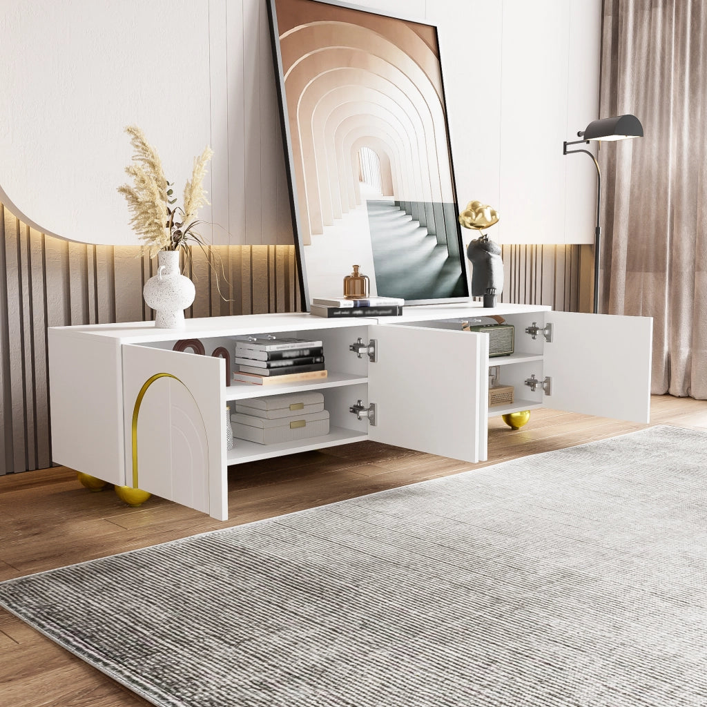 Mobile TV con 4 Ante Push-to-Open e Ripiani; Cerniere Ammortizzate; Maniglie e Piedini Dorati; Bianco; 170??38??44 cm