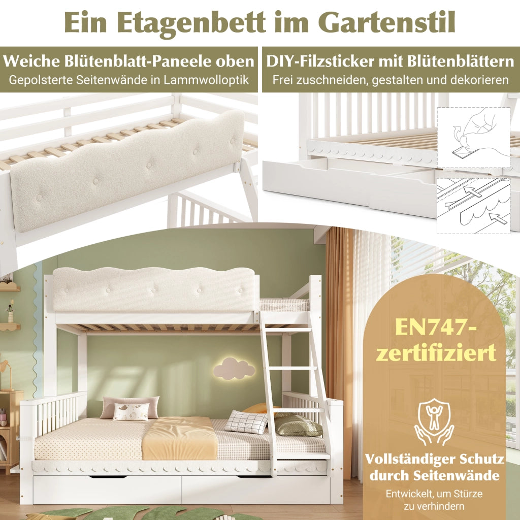 LETTO a castello 90x200/140x200 cm in legno bianco con cassetti e portariviste