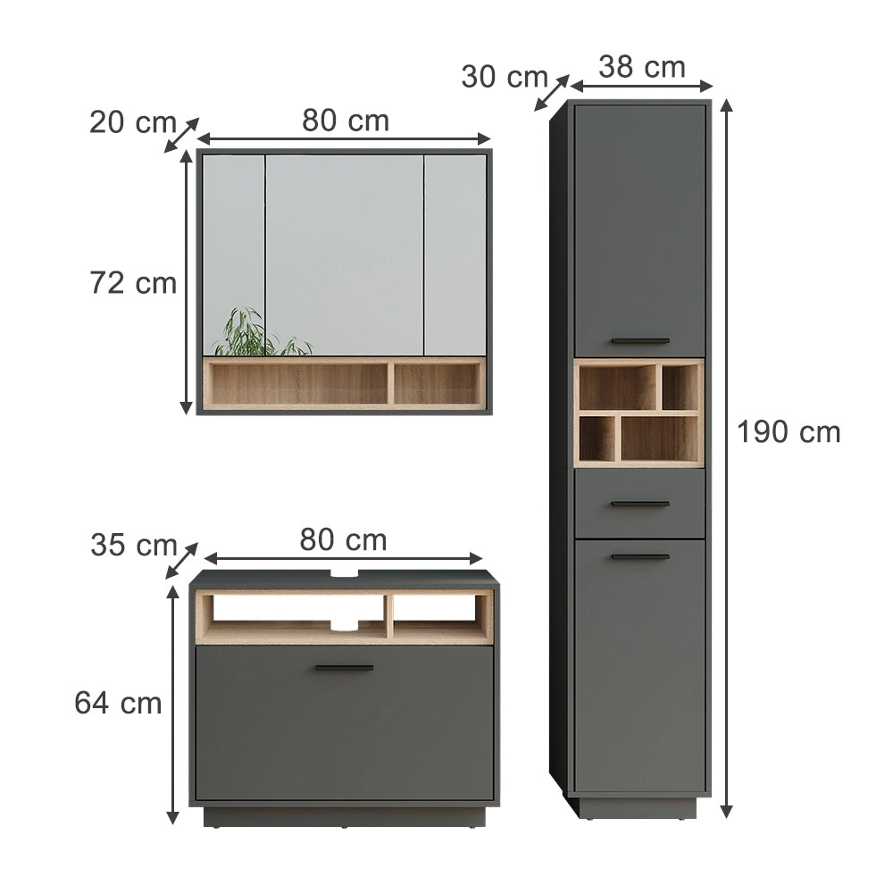 Vicco Set di mobili da bagno Antracite/Sonoma 3 parti con colonna