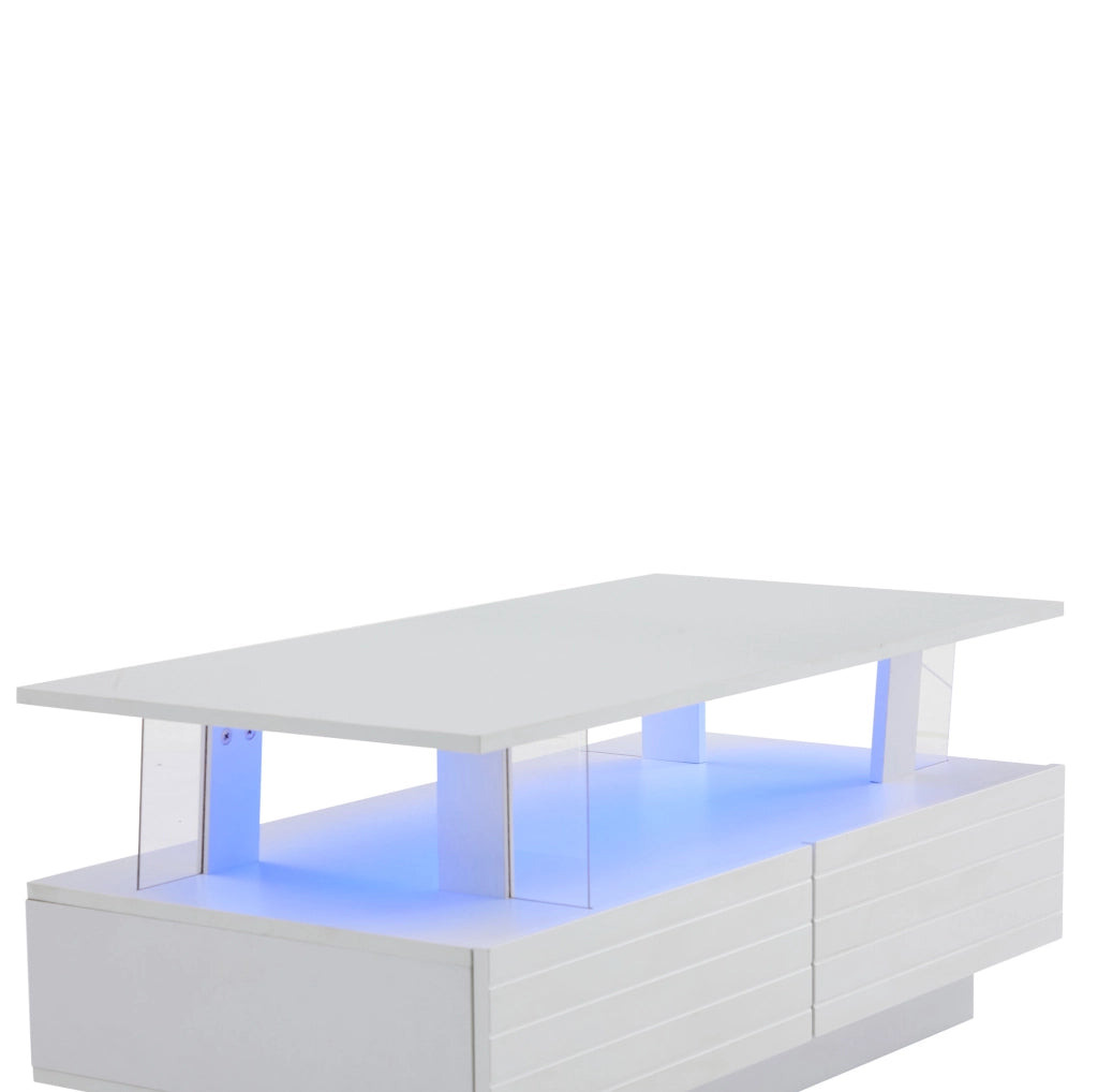 Tavolino da caffè LED bianco 100×50×42 cm con 2 cassetti e ripiano