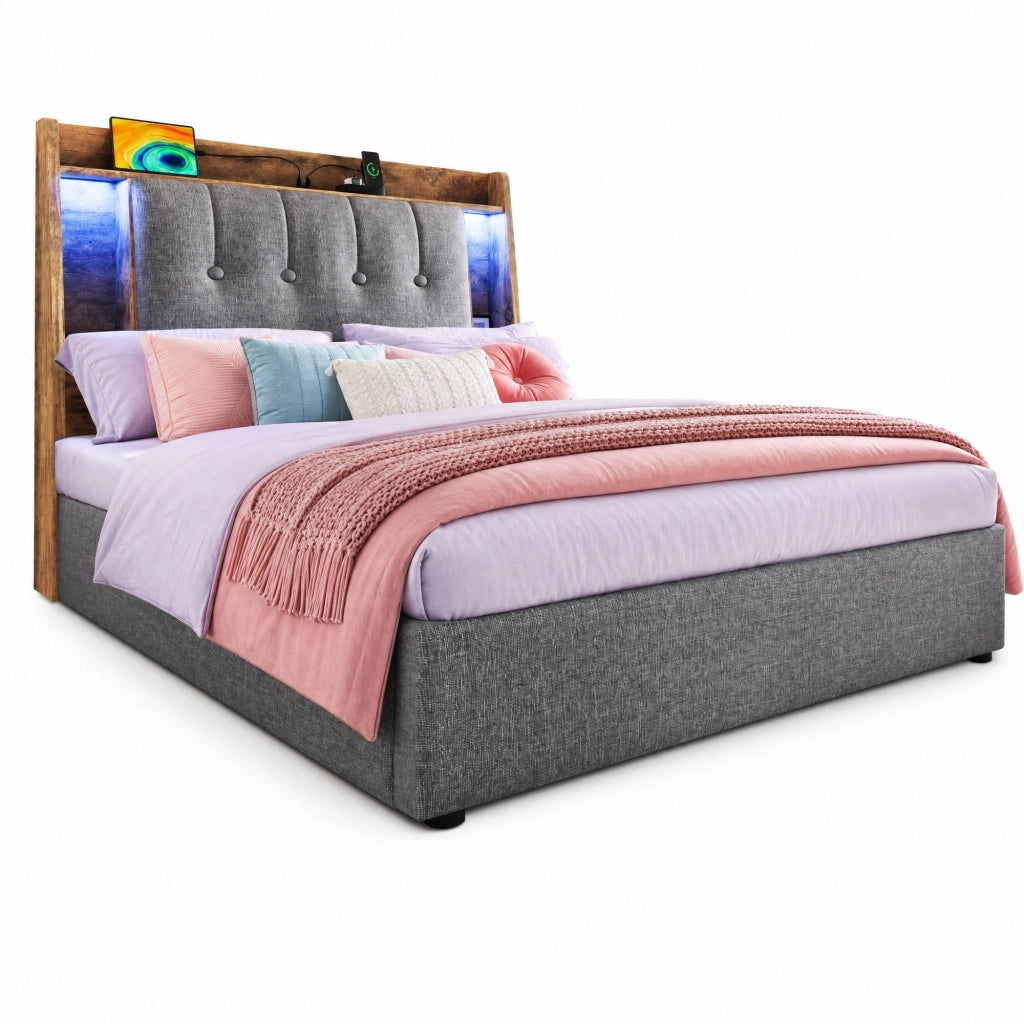 Letto per bambini imbottito 90x200 cm con LED; USB e Type-C; vano contenitore; lino grigio e MDF