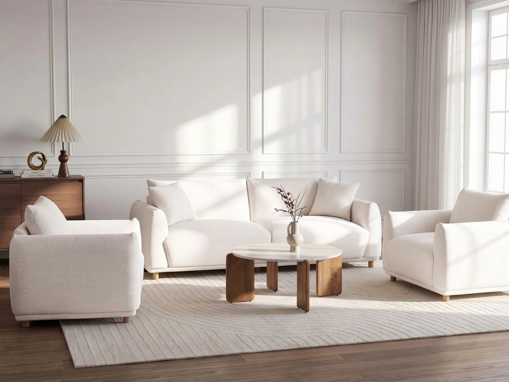 Set divano a 5 posti in tessuto bianco sporco con cuscini decorativi e poltrone con gambe in legno stile moderno