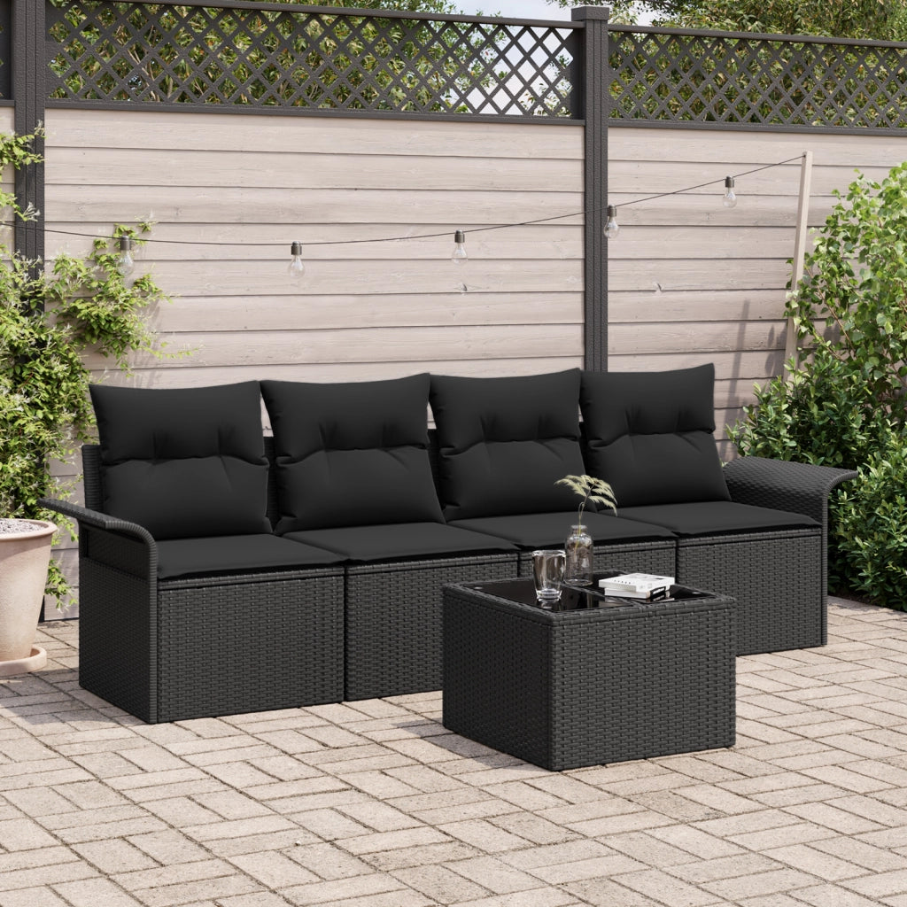 Set Divani da Giardino  5 Pezzi con Cuscini Nero Polyrattan