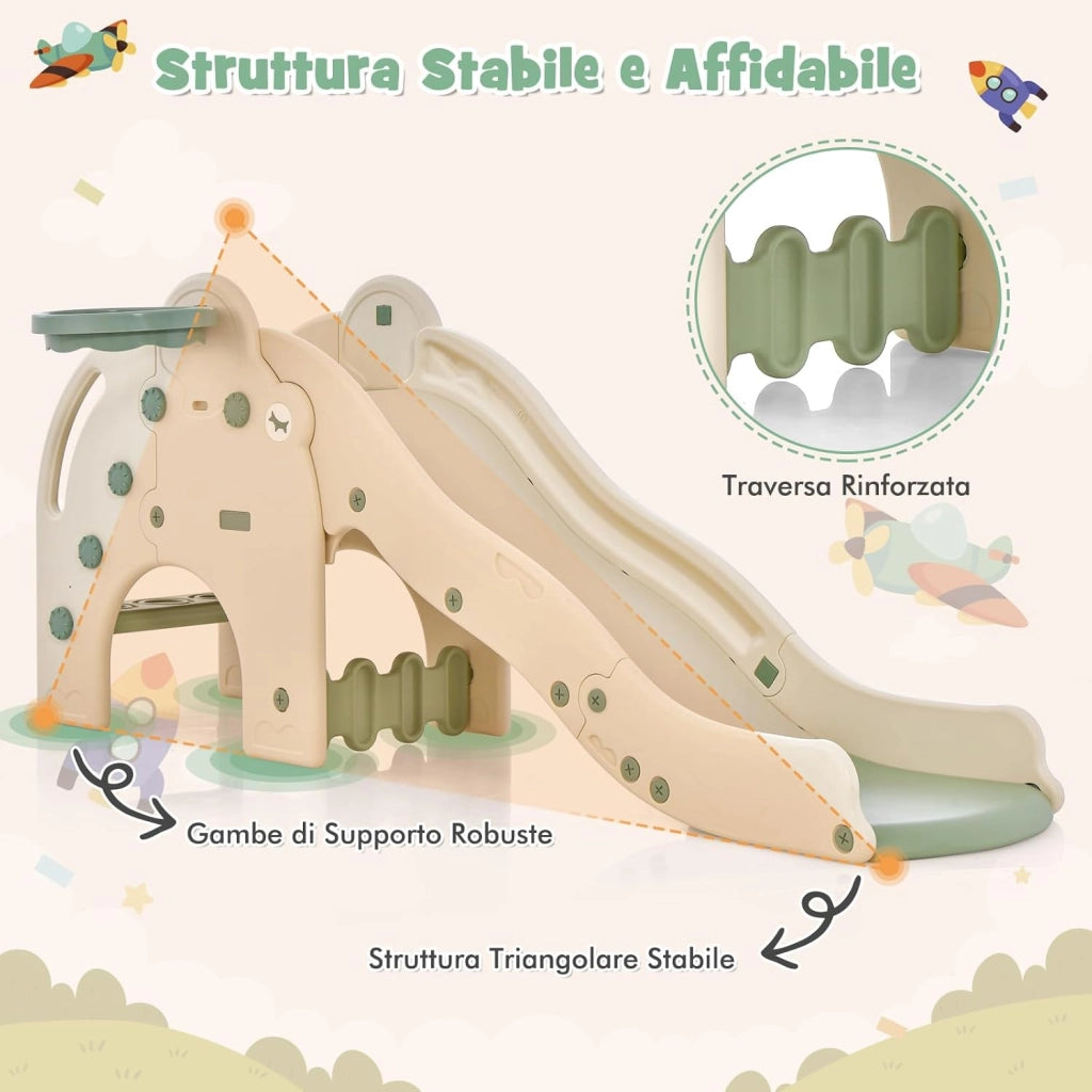 Scivolo per Bambini Forma di Elefante, 4 in 1 Scivolo con Canestro da Basket e Pallone, Scalini Antiscivolo, Set di Giocattoli Scivolo per Bambini 18 Mesi+(Verde)