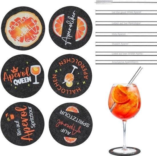 Set di regalo Aperol con 6 sottopiani in feltro e 6 canne di bambù - accessori per cocktail e decorazione estiva per appassionati di spritz e amici (nero)