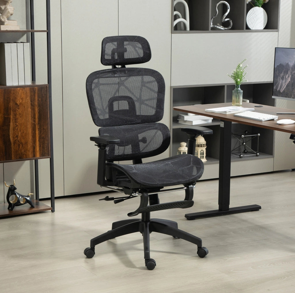 Sedia da ufficio ergonomica nera in rete con poggiapiedi