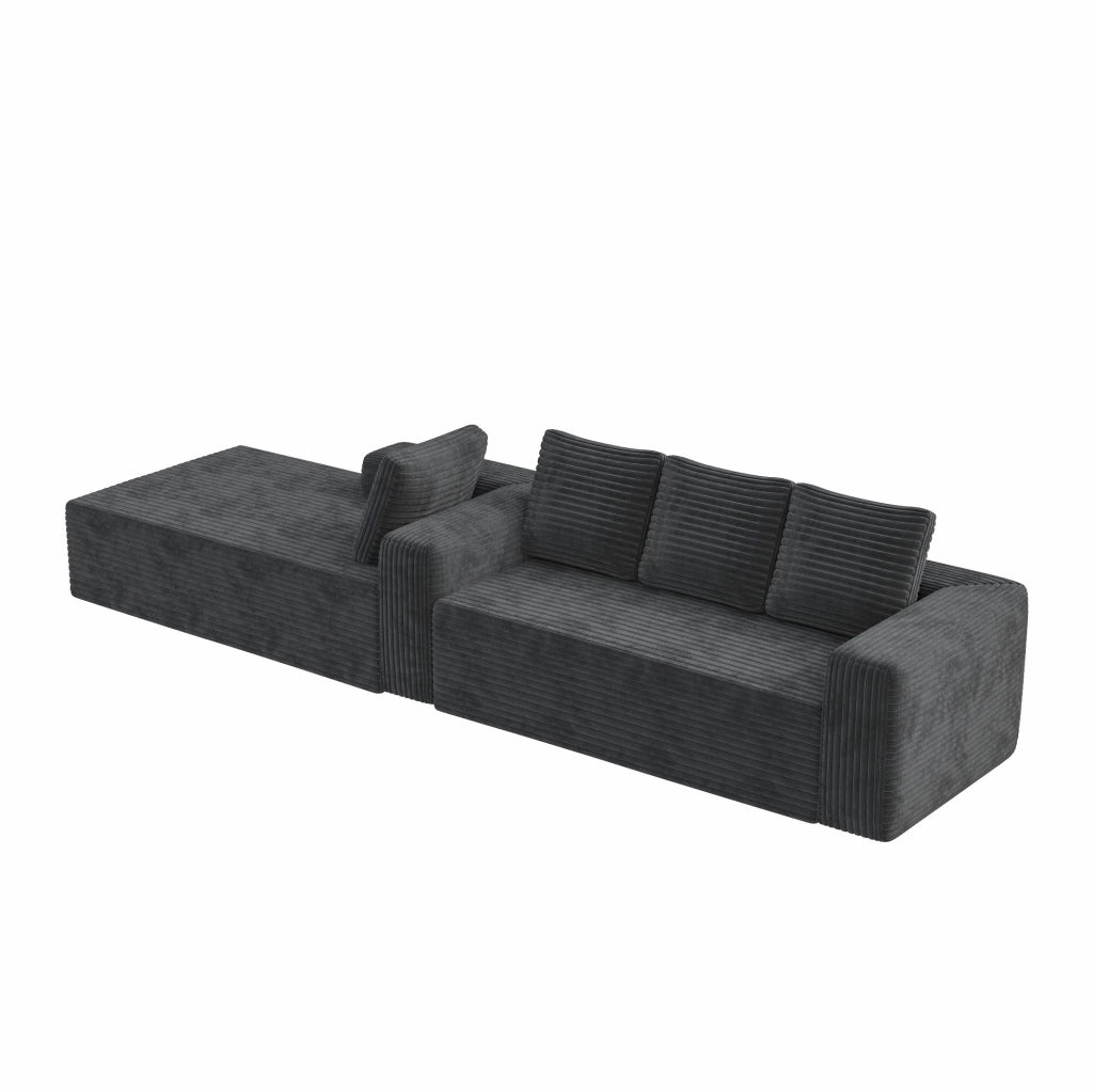 Divano modulare a L con chaise longue reversibile; 2 moduli; velluto a coste grigio