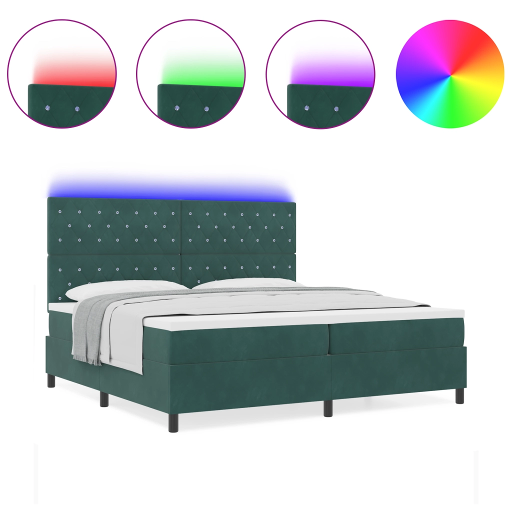 Letto a A molle con materasso e LED Verde scuro 200x200 cm Velluto