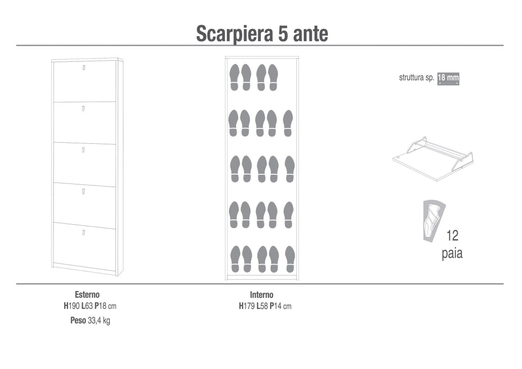 Scarpiera 5 Ante 63x190x18 cm Cemento
