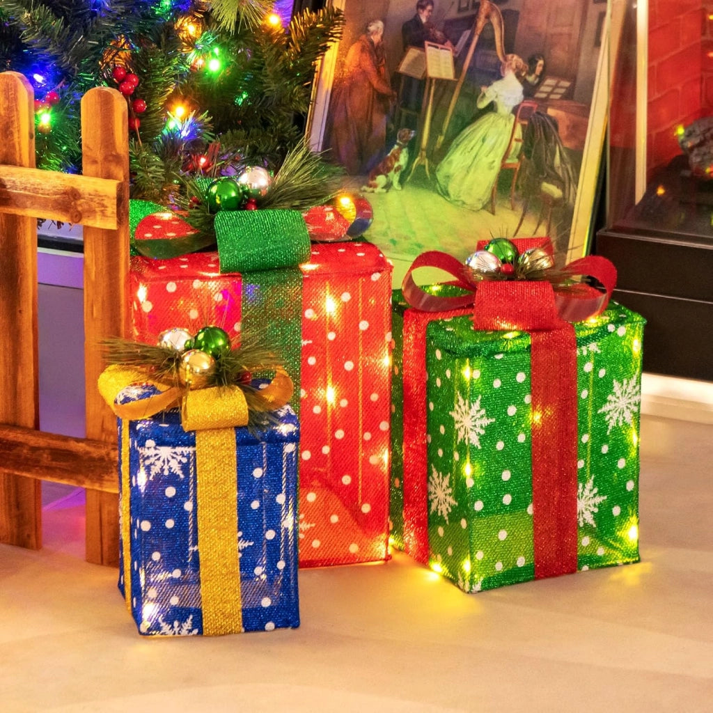 Decorazioni Scatola Regalo di Natale, Set di Scatole Regalo Illuminate, Decorazione Natalizia per Interni ed Esterni con 52 Luci LED per Esterno (Rosso+Verde+Blu)