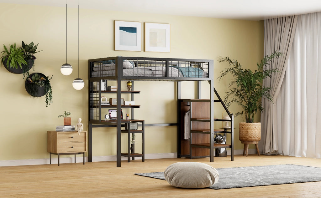 Letto a soppalco 90x200 cm con scrivania; armadio e scala di sicurezza nero