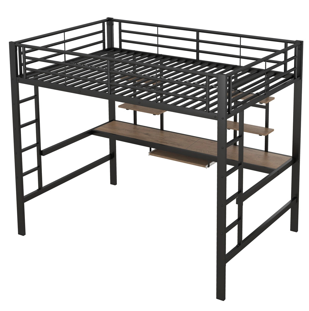 Letto a soppalco 140x200 cm con scrivania e librerie in metallo e MDF nero
