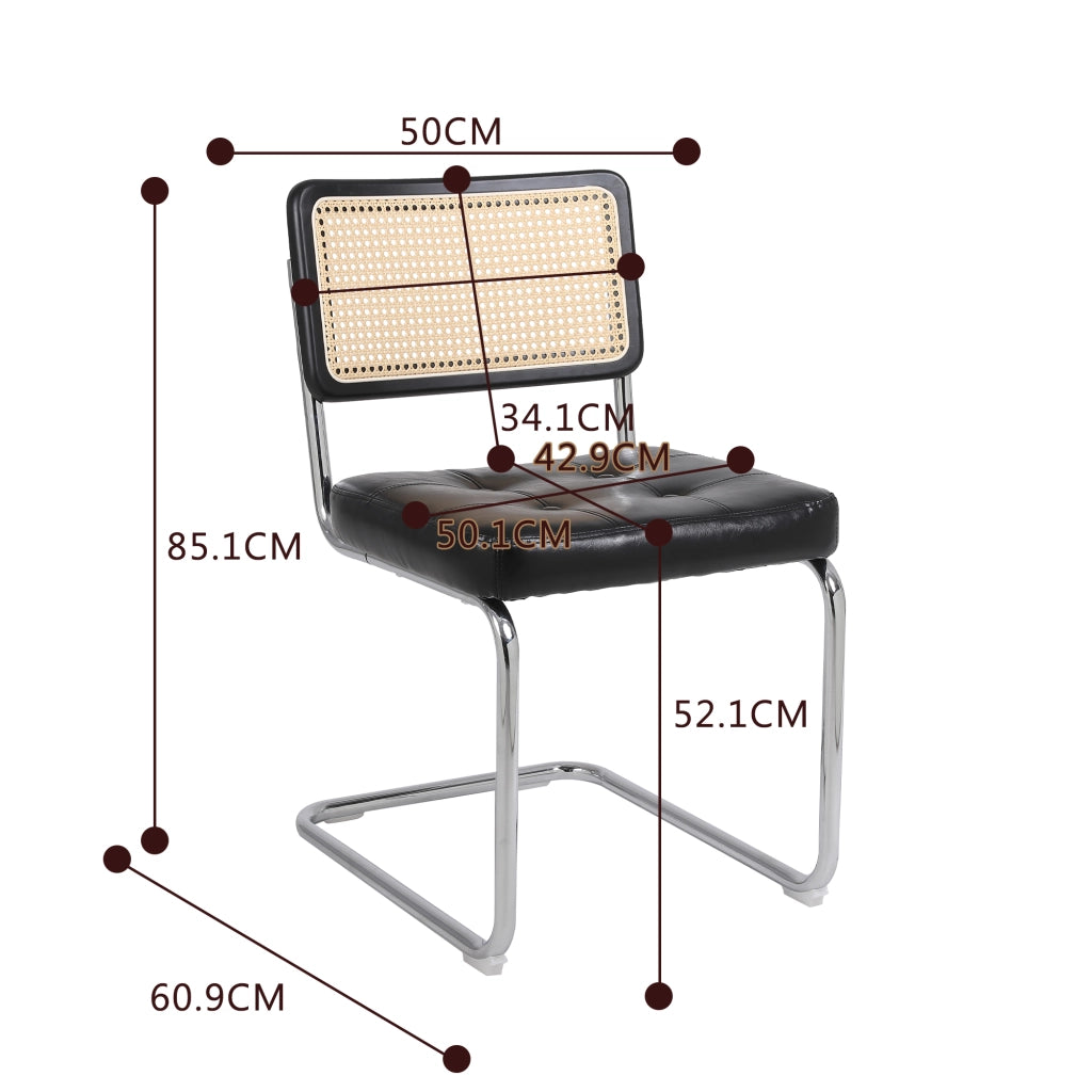 Sedie da Pranzo Set 2 Pezzi ¨C MINIMAL ¨C Rattan, Ecopelle, Schienale a Rete, Gambe in Metallo, Nero