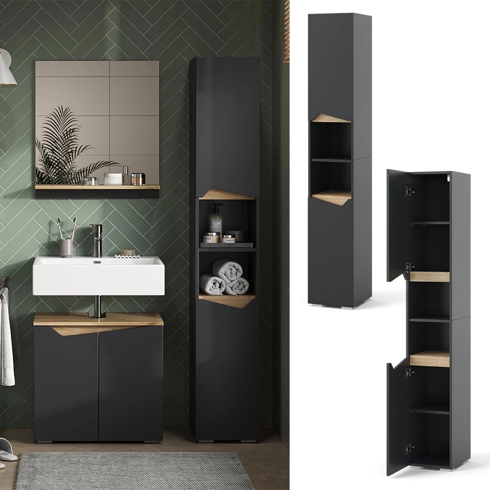 Armadio per il bagno Marelle, Antracite/Artisan, 30 x 180 cm con porte e vani aperti, per la conservazione di articoli da bagno e asciugamani