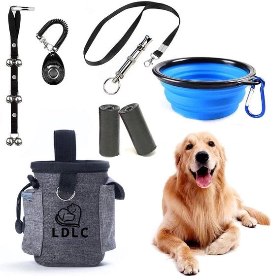 Set di addestramento per cuccioli 6 campanelli di allarme per cani adattabili con cassetta di addestramento Fischietto per fermare il abbaiare Cassetta di addestramento per cani Kit di addestramento per cani Clicker