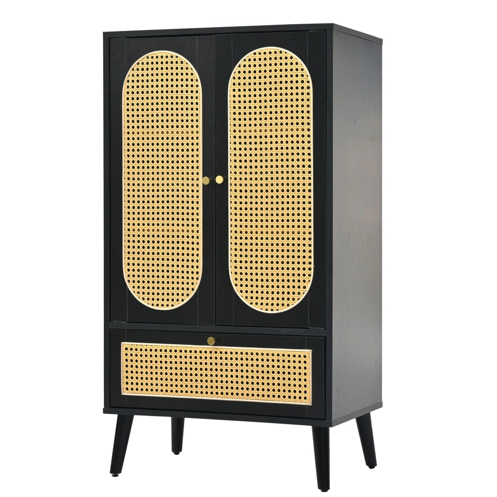 Madia compatta nera effetto rattan 110 cm, 2 ante e 1 cassetto, con ripiani interni