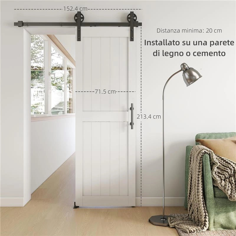 PORTA SCORREVOLE IN STILE COUNTRY CON BINARIO E MANIGLIA IN LEGNO E ACCIAIO, 71.5X213.4 CM, BIANCO E NERO