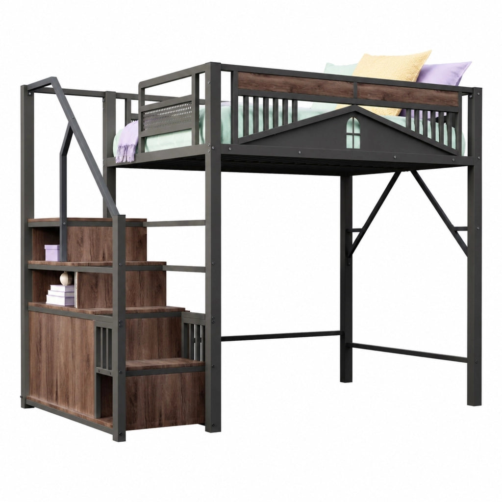 Letto a soppalco in metallo 140x200 cm con scale laterali; sponda finestrata e contenitore; nero