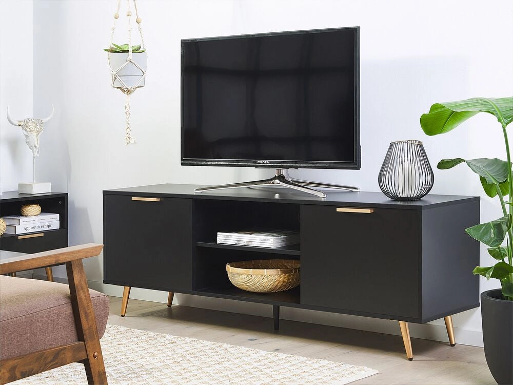 Supporto TV Nero con dorato per TV fino a 75ʺ gambe in metallo con armadi e ripiani per la gestione dei cavi