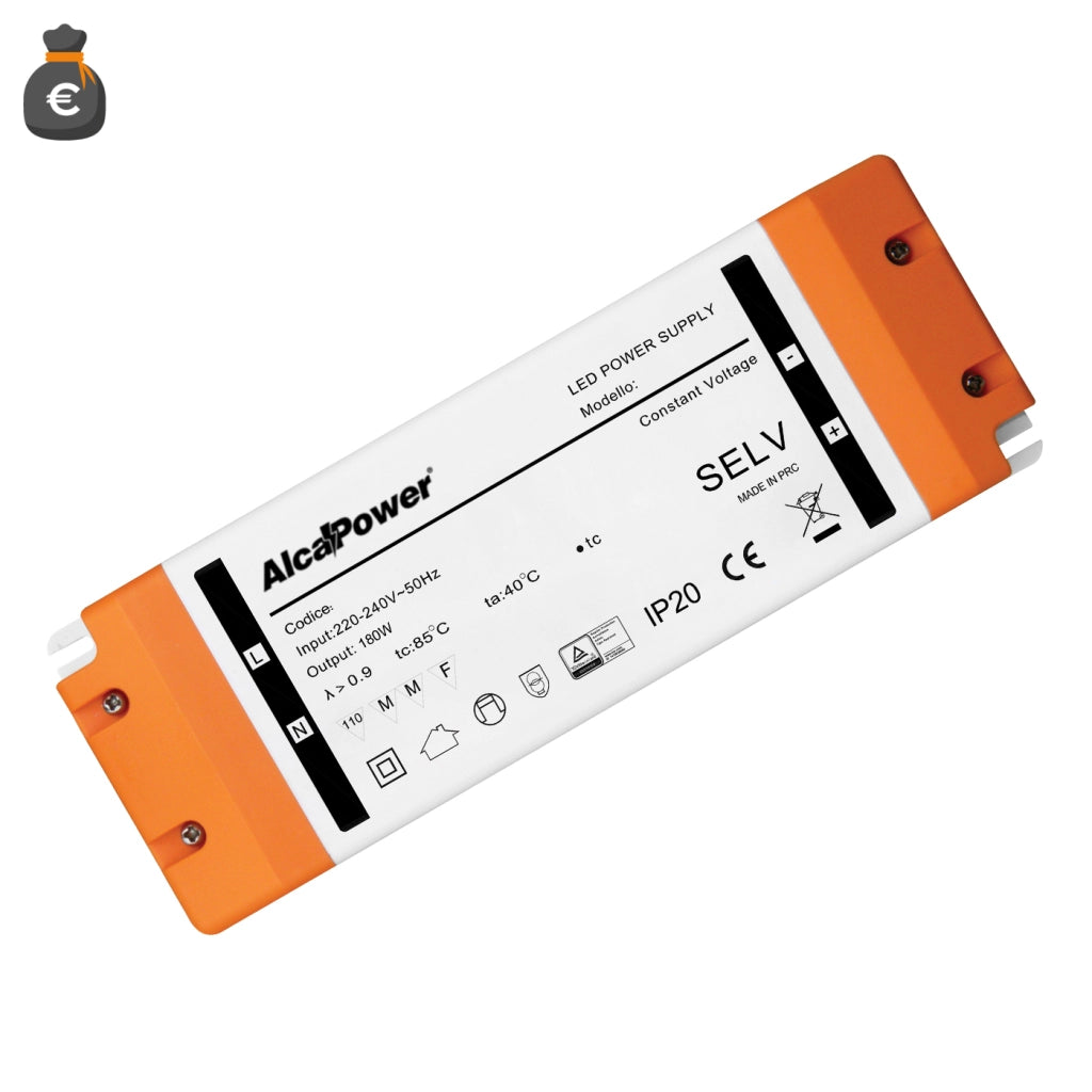 Alcapower Alimentatore Switching per Illuminotecnica 12V 15A 180W, compatto e protetto, ideale per sistemi LED ad alte prestazioni, IP20 205x71x35mm