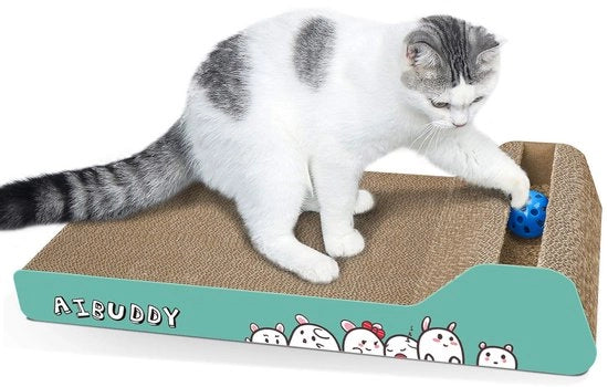 Krabbaiole per gatti, palo a schegge invertibile, lettino per gatti in cartone con pallone, erba per gatti [45x24x8,5cm, cartone di alta qualità e costruzione]