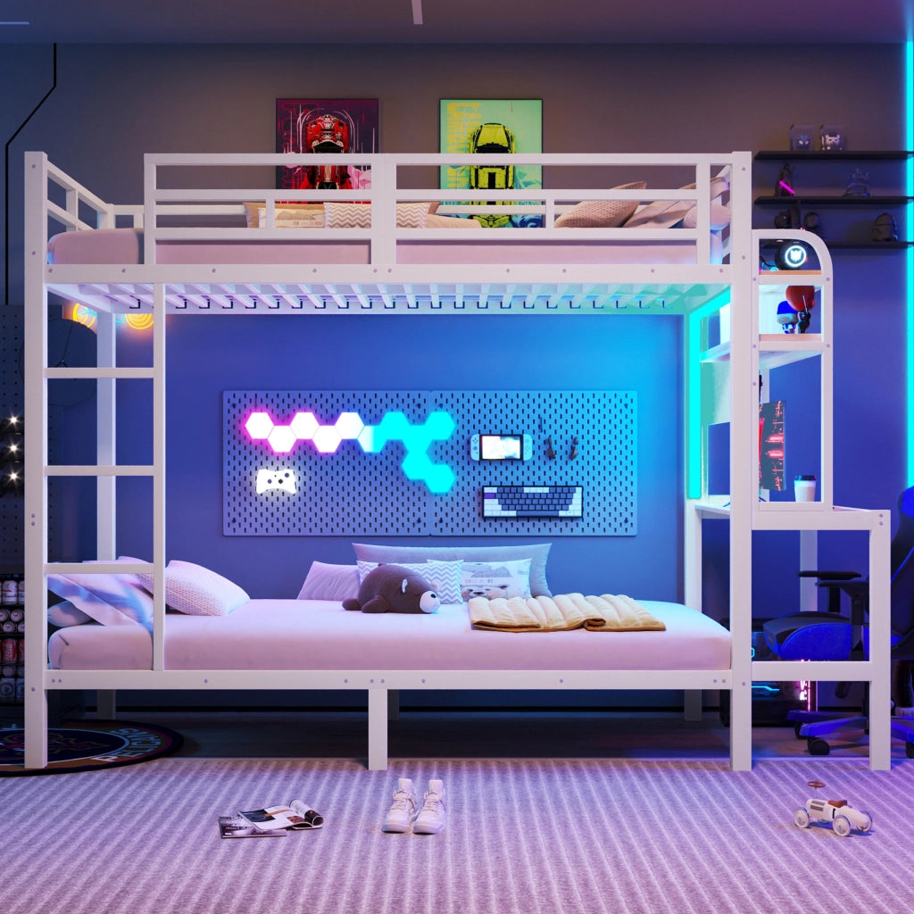 Letto a castello 90x200 cm con scrivania, mensole, LED e USB bianco