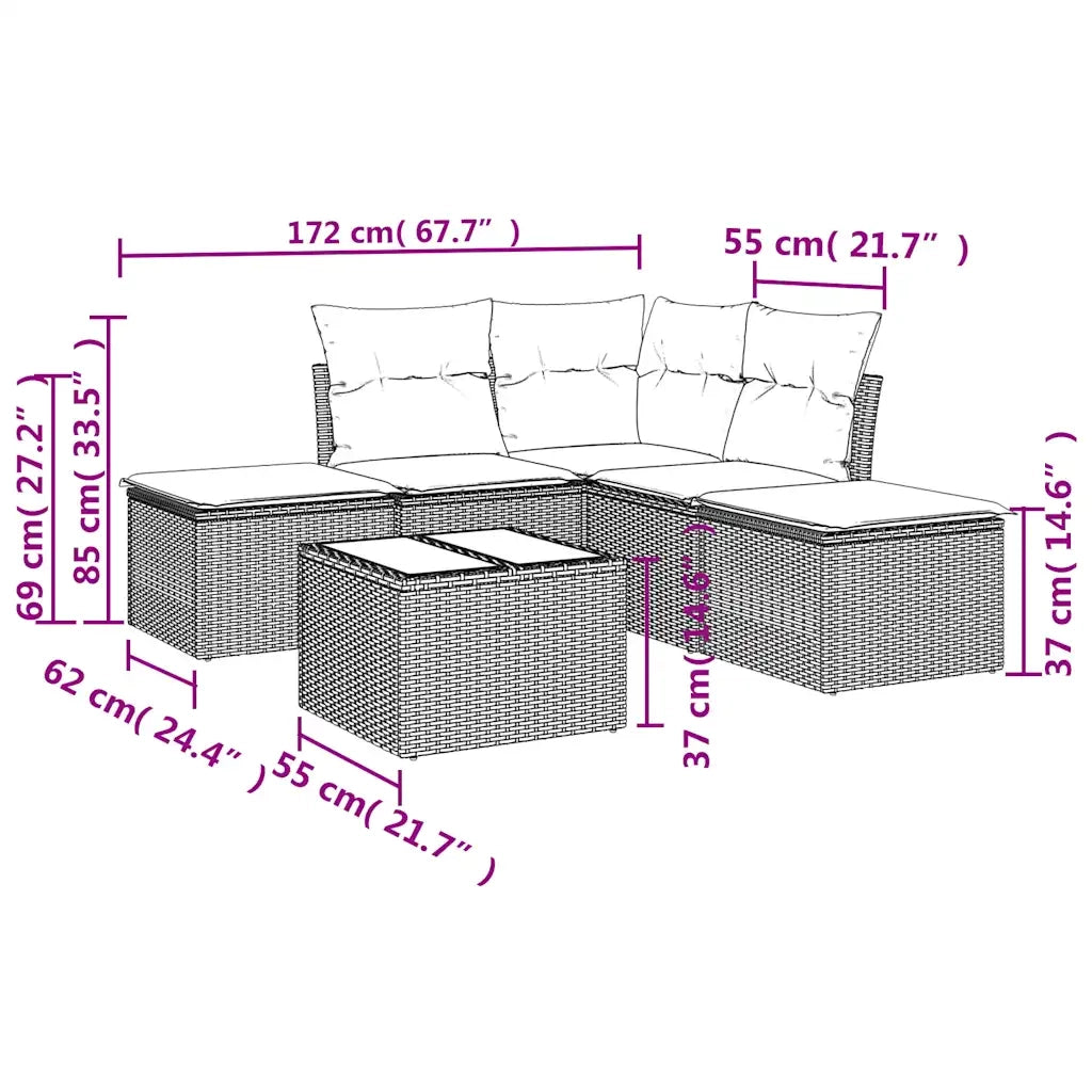 Set Divano da Giardino 6 pz | Set Salotto da Giardino con Cuscini Marrone in Polyrattan
