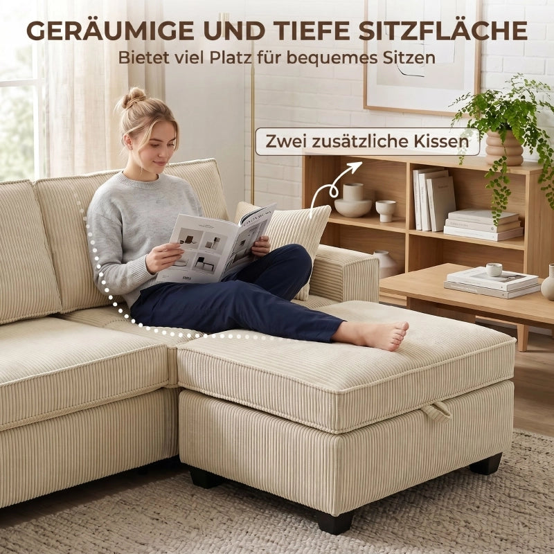 Divano angolare modulare 3 posti con pouf contenitore ampia seduta a molle insacchettate e cuscini in corda beige