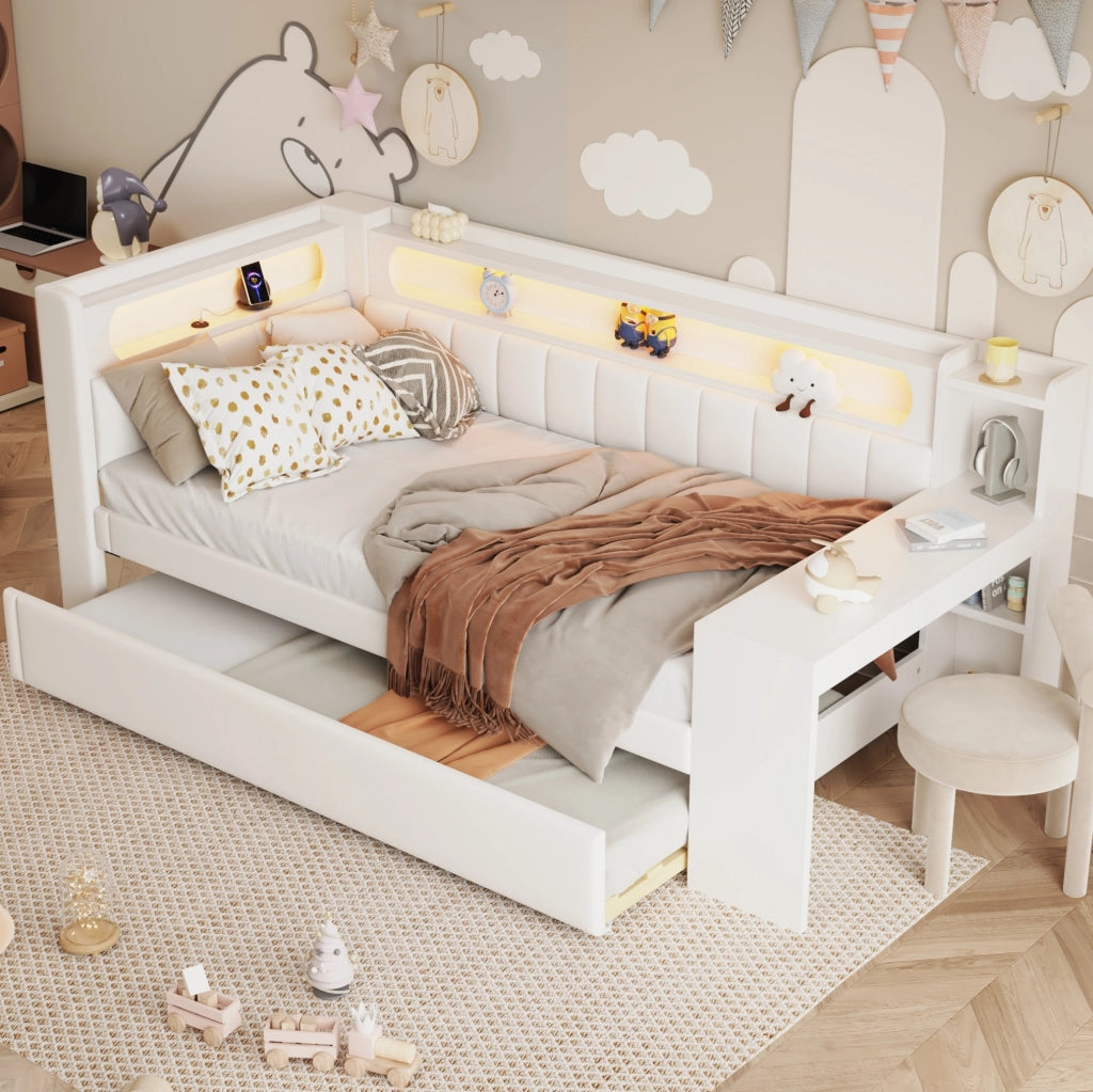 Letto da giorno imbottito 90x200 cm con letto estraibile; LED; USB e scrivania; bianco