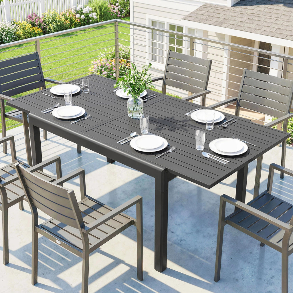 Tavolo da Giardino Allungabile 110-170x90x75 cm per 6-8 Persone con Piano a Doghe in Alluminio Grigio Scuro